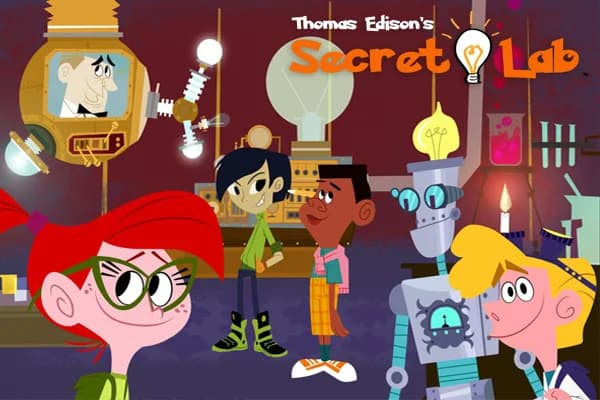Thomas Edison's Secret Lab key art with Angie, her friends and the robot Von Bolt