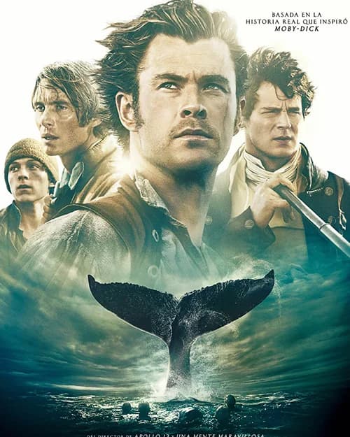 In the Heart of the Sea film poster with the whaling crew above a whale's tail