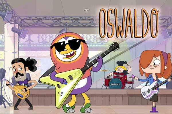 Oswaldo key art with the penguin Oswaldo playing guitar on stage with his friends