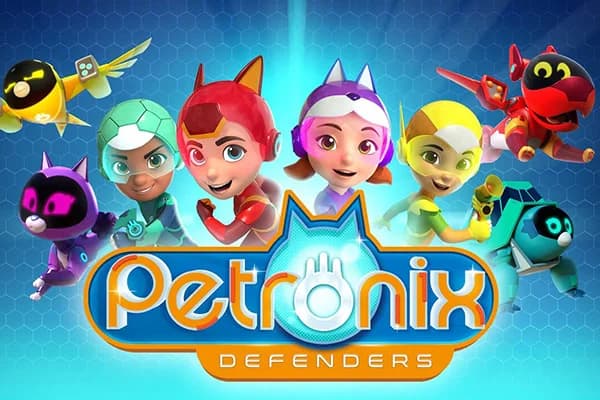 Petronix Defenders key art with the young heroes and their robotic pets