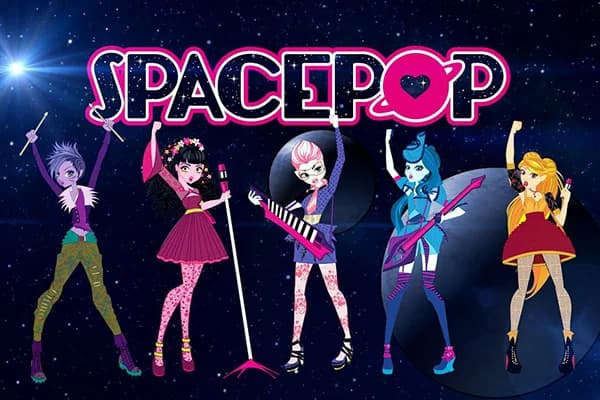 SpacePOP key art: five teenage princesses performing as a band in space