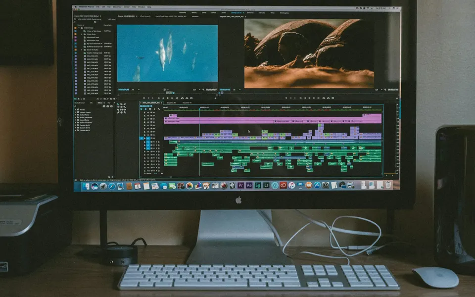 A video editing timeline on a desktop monitor