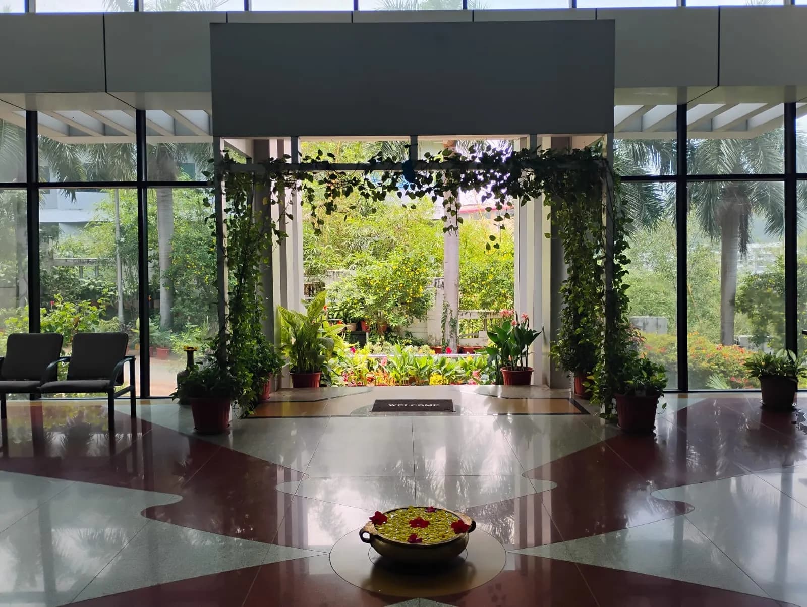 The campus lobby opening onto the garden