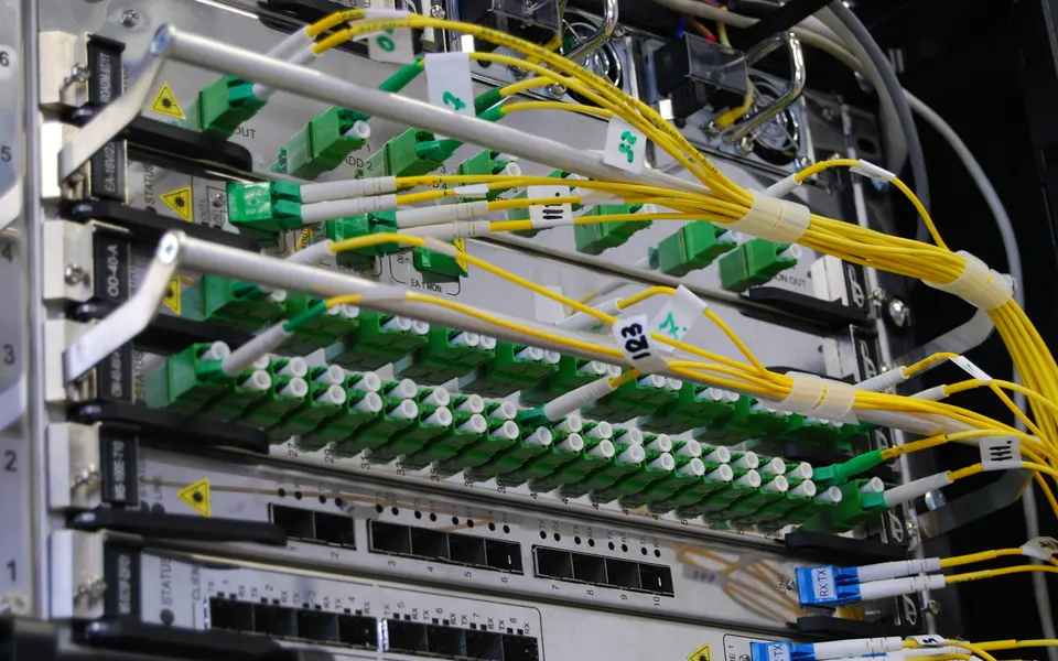 Fibre-optic cables patched into network equipment